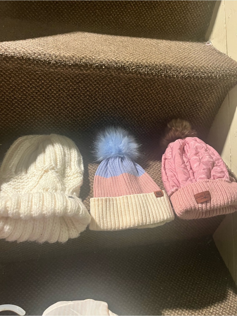 Girls Pink and Cream Pom Pom Beanie Hat - Cozy Winter Knit